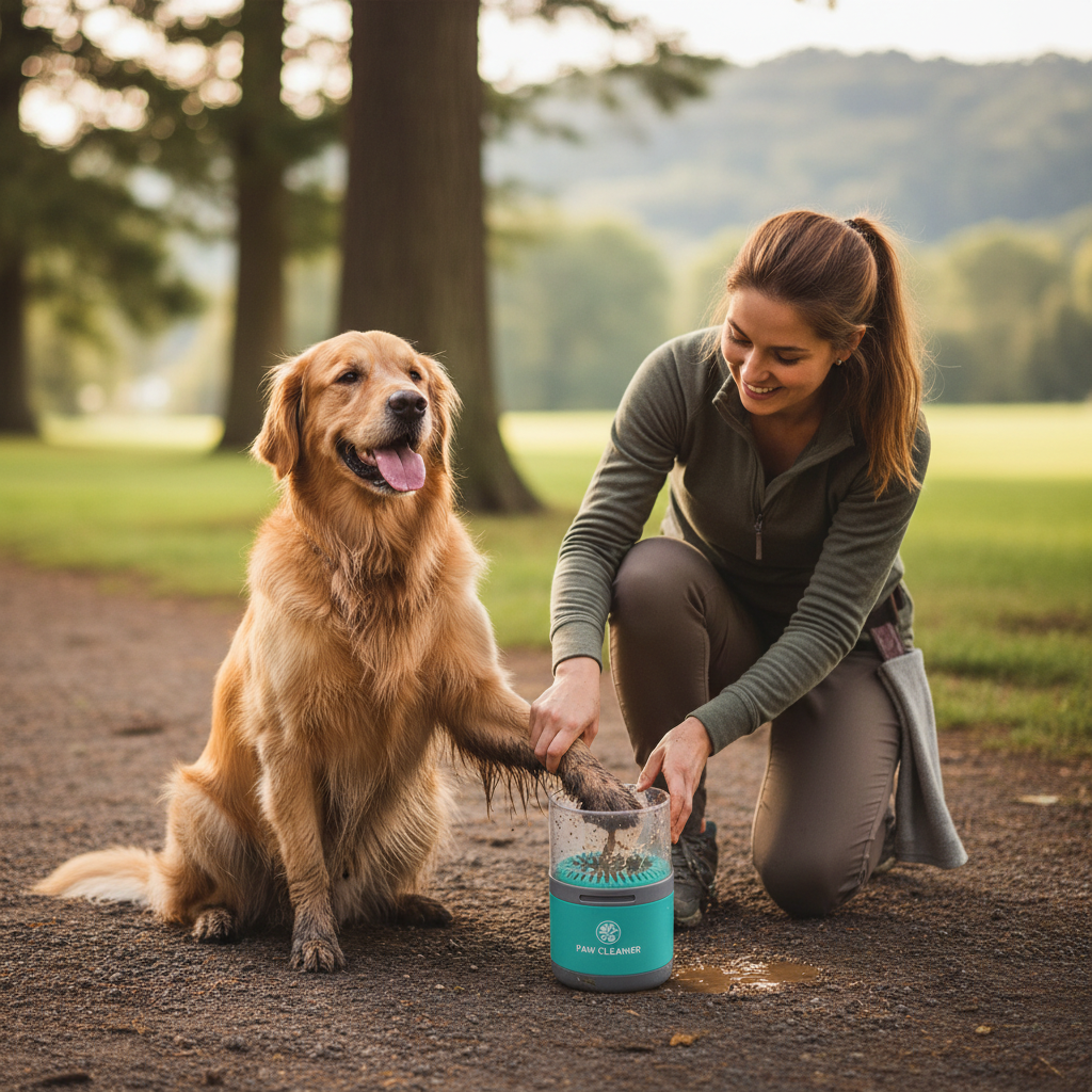 Portable Paw Washer Cup being used after muddy walk