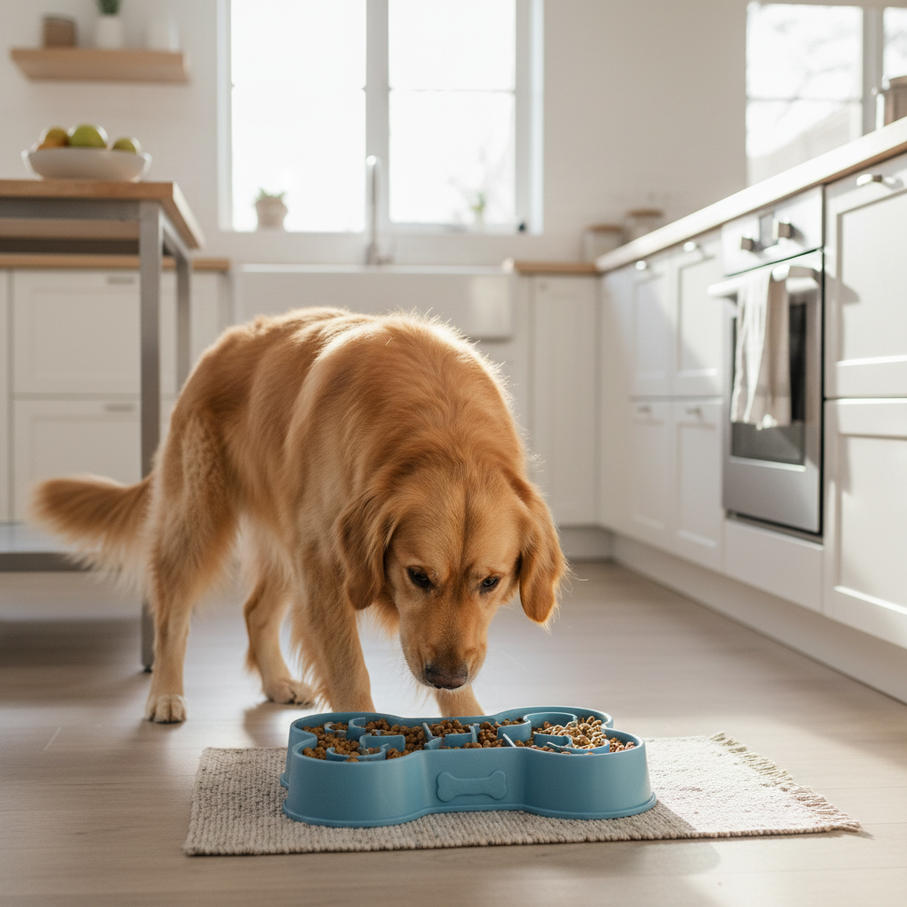 Dog eating from Slow Feeder Puzzle Bowl