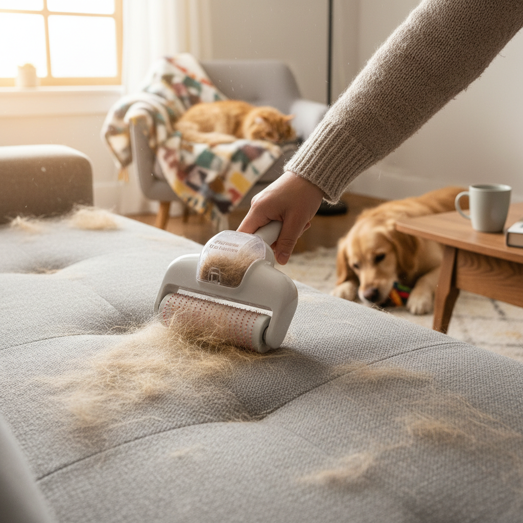 Self-Cleaning Pet Hair Remover being used on couch