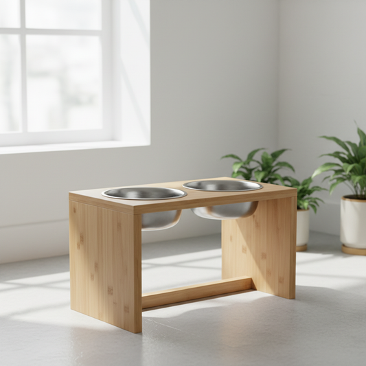 Bamboo Elevated Pet Feeding Station with Stainless Steel Bowls